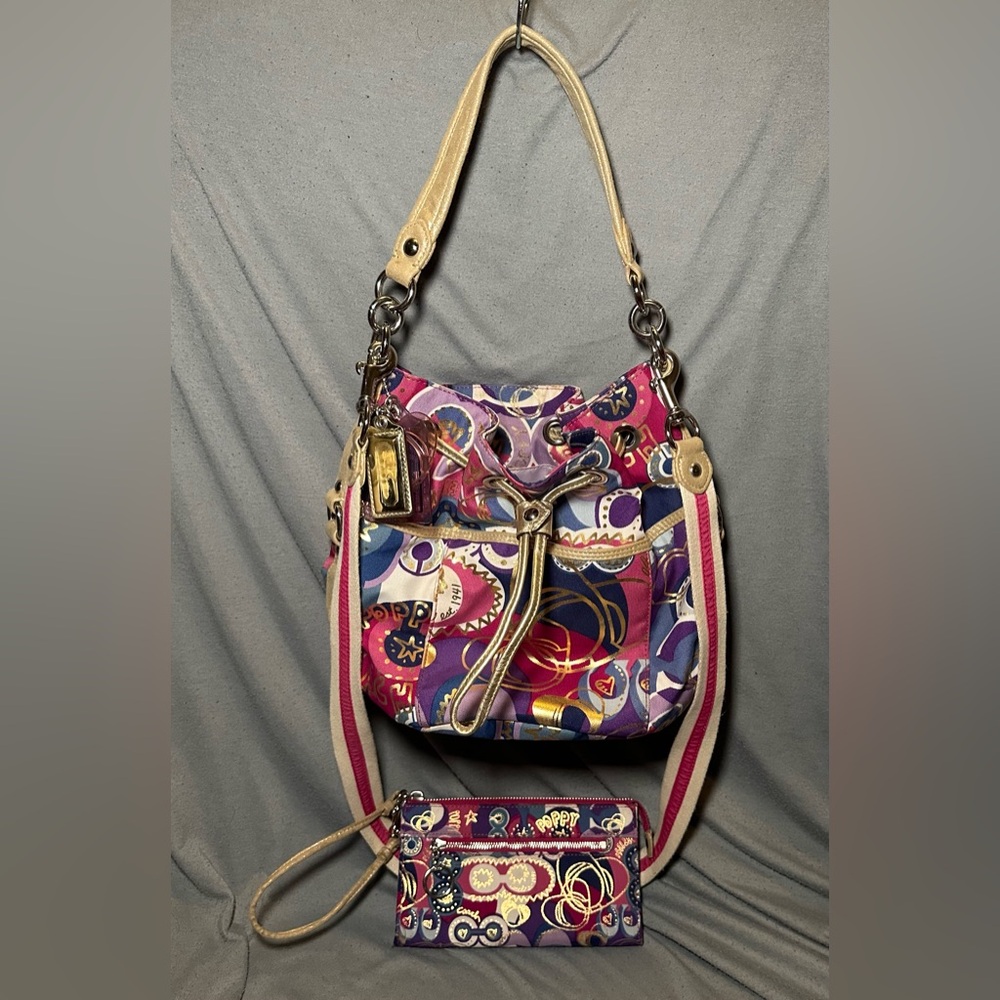 Coach Poppy Purple Graffiti Bucket Bag and wallet